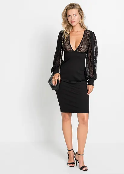 Bonprix Sexy Kleid Mit Ballonärmeln Und Tiefem Ausschnitt - Schwarz