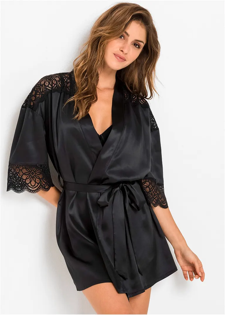 Bonprix Sexy Morgenmantel Mit Spitzeneinsätzen - Schwarz