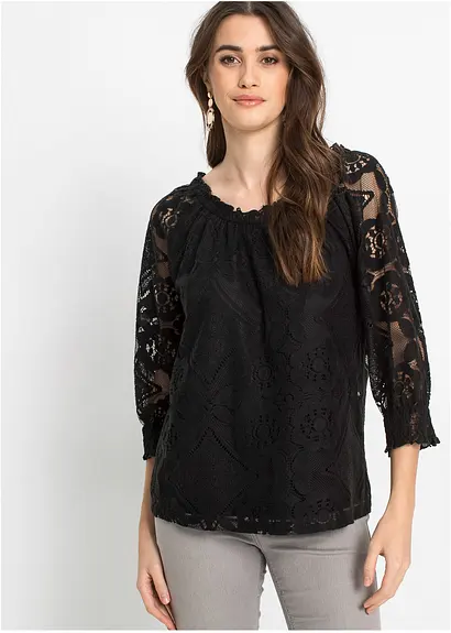 Bonprix Shirt Aus Spitze Mit Ballonärmeln - Schwarz - Damen