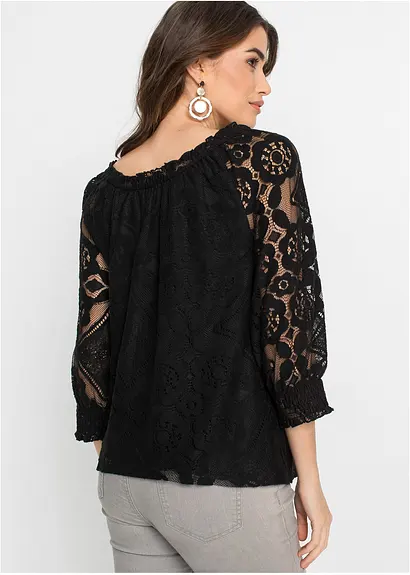 Bonprix Shirt Aus Spitze Mit Ballonärmeln - Schwarz - Damen