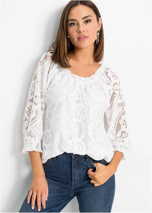 Bonprix Shirt Aus Spitze Mit Ballonärmeln - Weiß - Damen