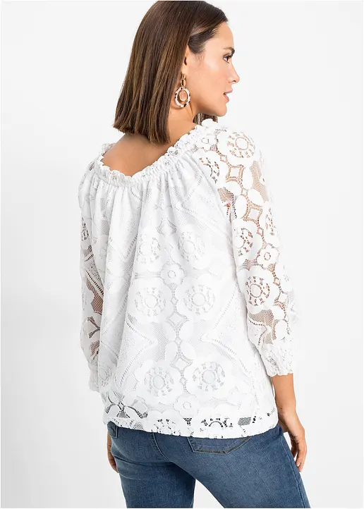 Bonprix Shirt Aus Spitze Mit Ballonärmeln - Weiß - Damen