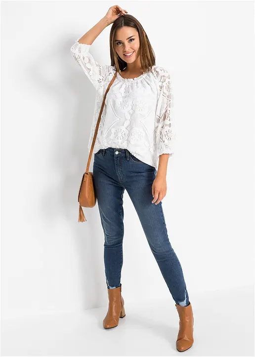 Bonprix Shirt Aus Spitze Mit Ballonärmeln - Weiß - Damen