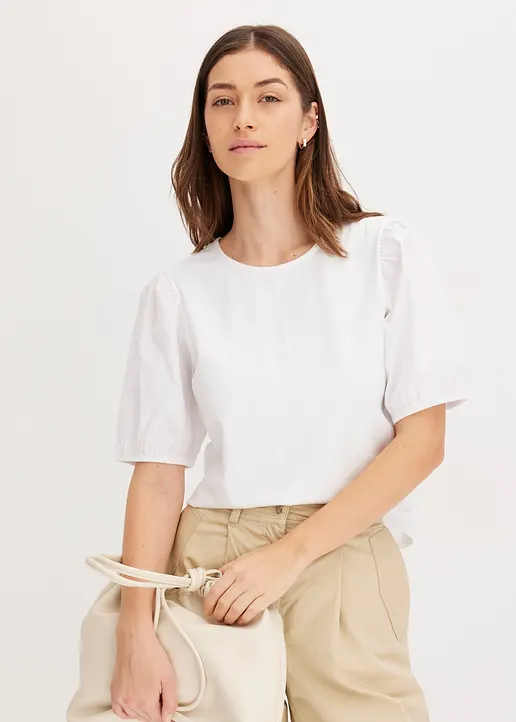 Bonprix Shirt Aus Weichem Jersey Und Puffärmeln Mit Gummizug - Weiß