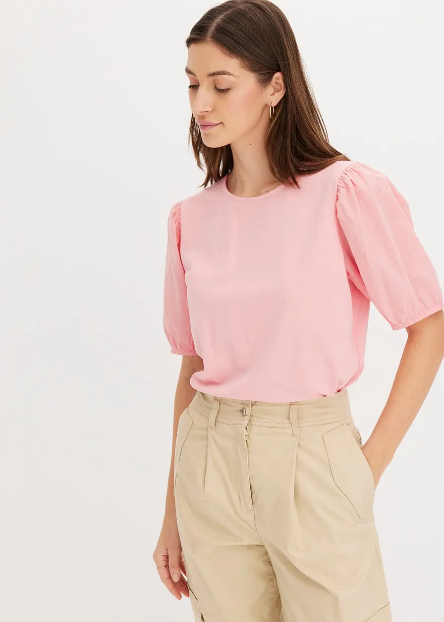 Bonprix Shirt Aus Weichem Jersey Und Puffärmeln Mit Gummizug - Rosa