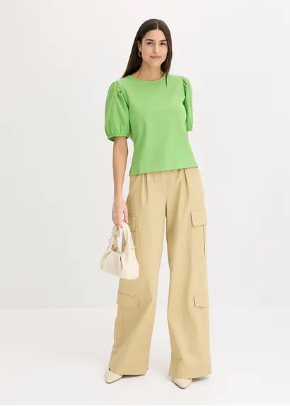 Bonprix Shirt Aus Weichem Jersey Und Puffärmeln Mit Gummizug - Grün