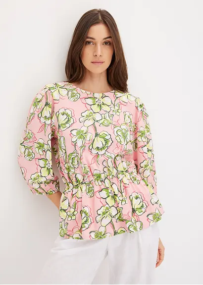 Bonprix Shirt Mit Puffärmeln Und Elastischer Taillenpartie - Rosa - Damen