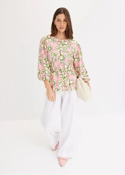Bonprix Shirt Mit Puffärmeln Und Elastischer Taillenpartie - Rosa - Damen