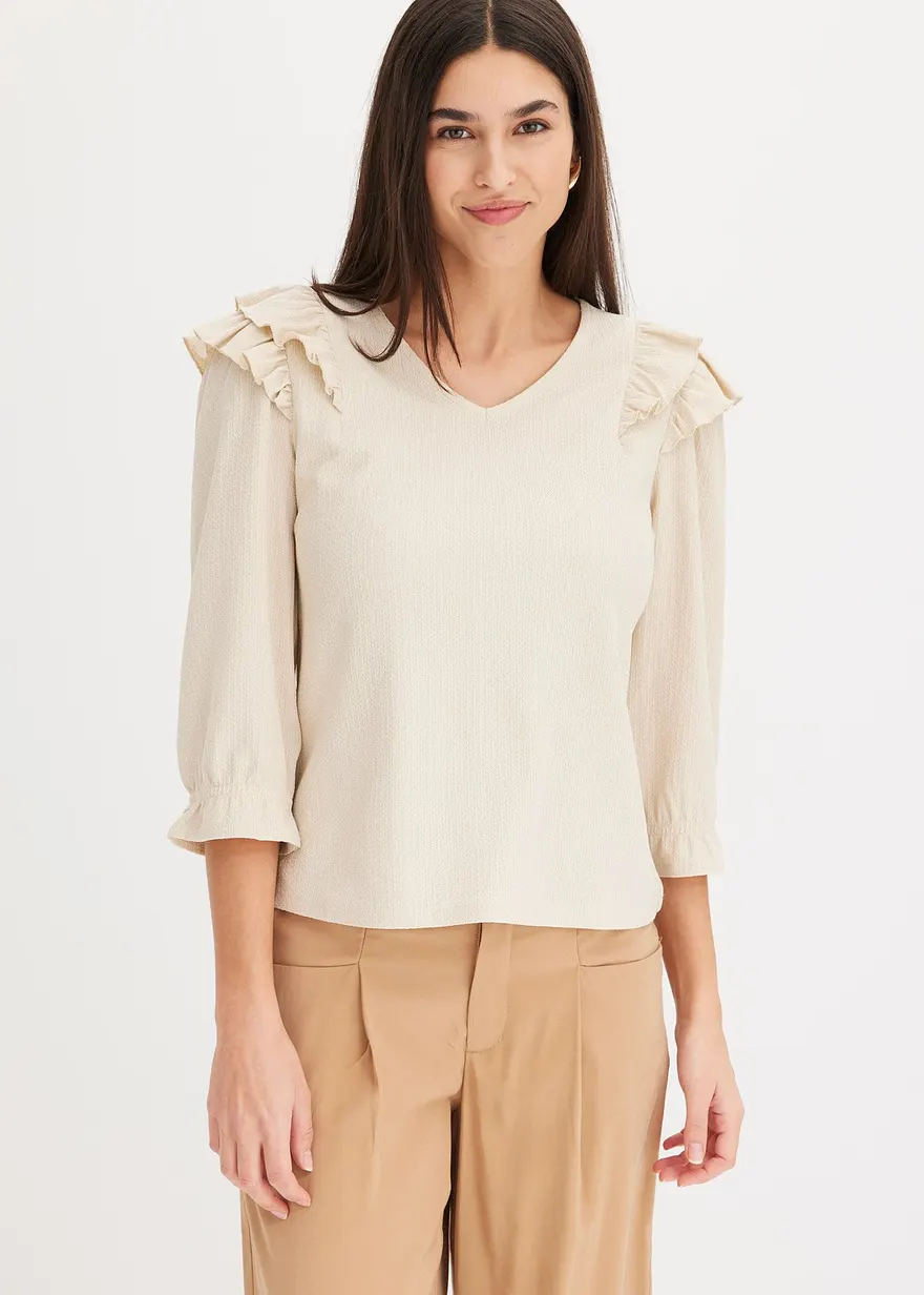 Bonprix Shirt Mit Volants Und Tiefem Ausschnitt - Beige - Damen