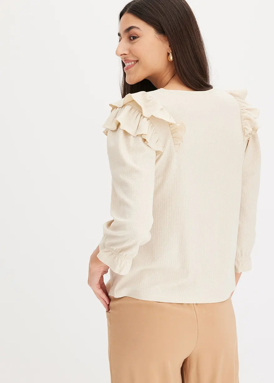 Bonprix Shirt Mit Volants Und Tiefem Ausschnitt - Beige - Damen
