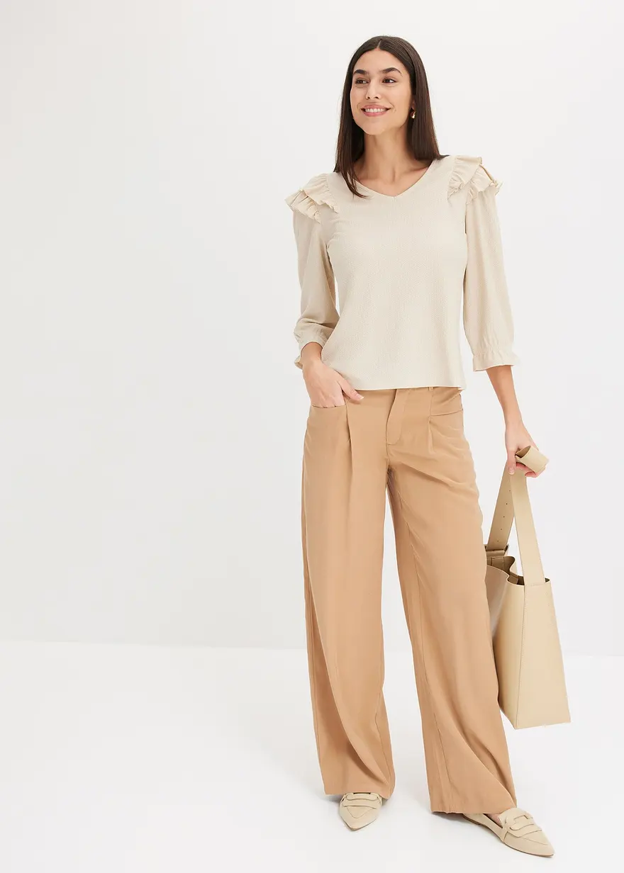 Bonprix Shirt Mit Volants Und Tiefem Ausschnitt - Beige - Damen