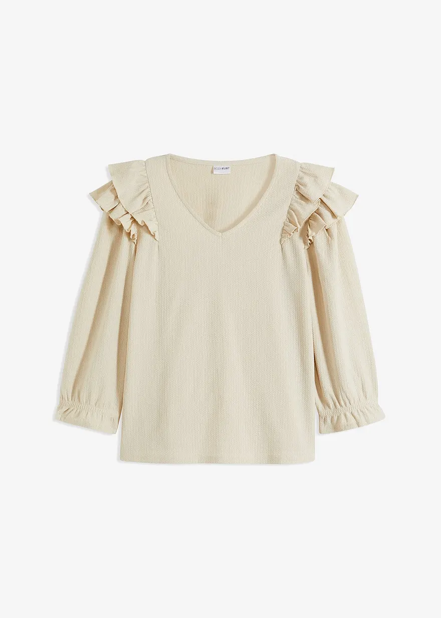 bonprix Shirt mit Volants und tiefem Ausschnitt - beige - Damen