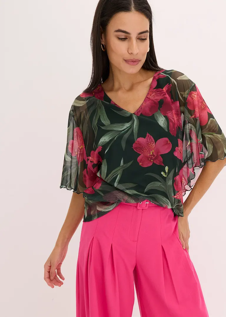 Bonprix Shirt-Tunika Aus Mesh Mit Frischem Blumen-Print - Grün