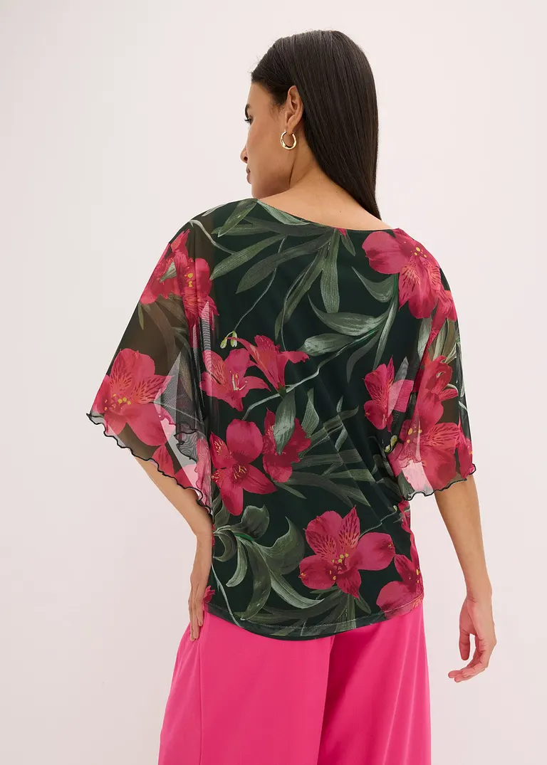 Bonprix Shirt-Tunika Aus Mesh Mit Frischem Blumen-Print - Grün