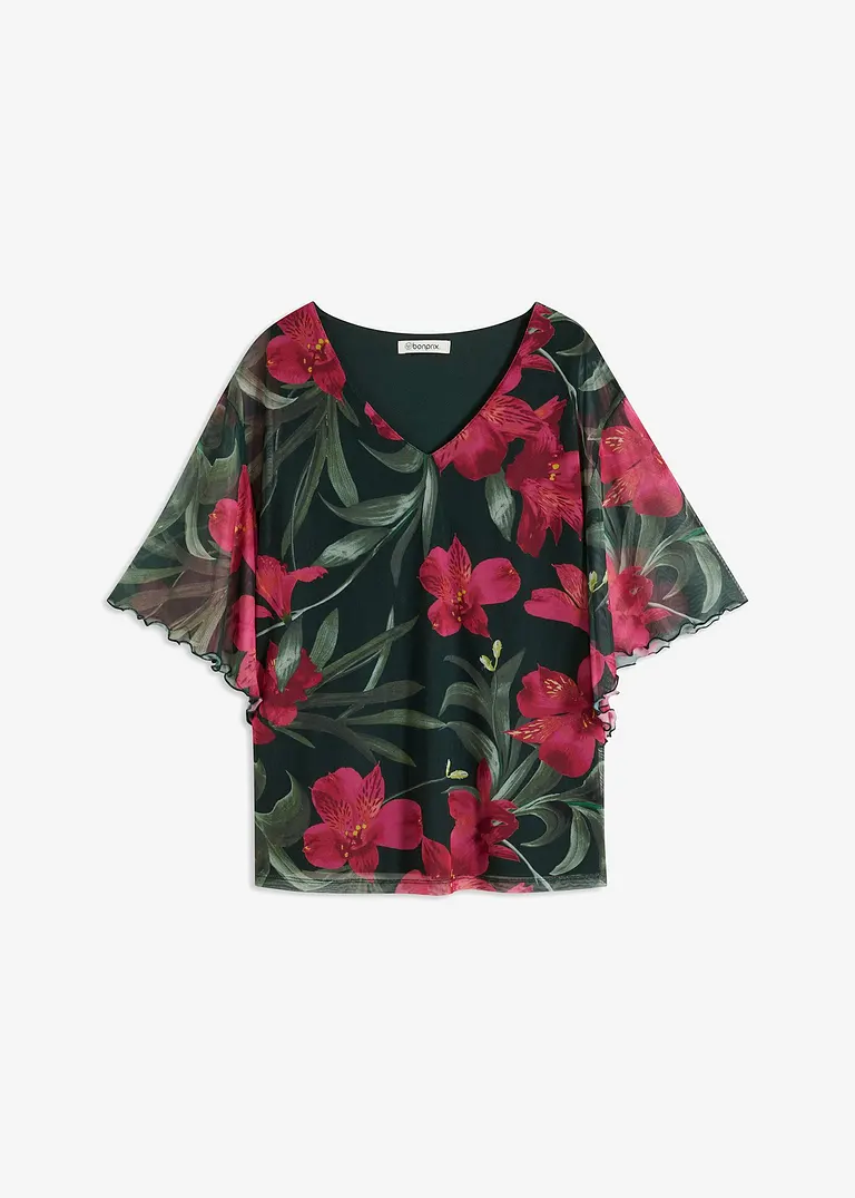 bonprix Shirt-Tunika aus Mesh mit frischem Blumen-Print - grün
