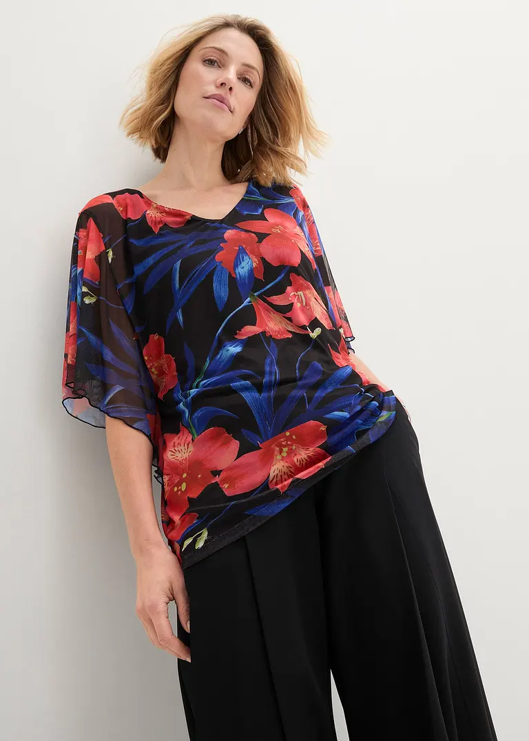 Bonprix Shirt-Tunika Aus Mesh Mit Frischem Blumen-Print - Schwarz - Damen