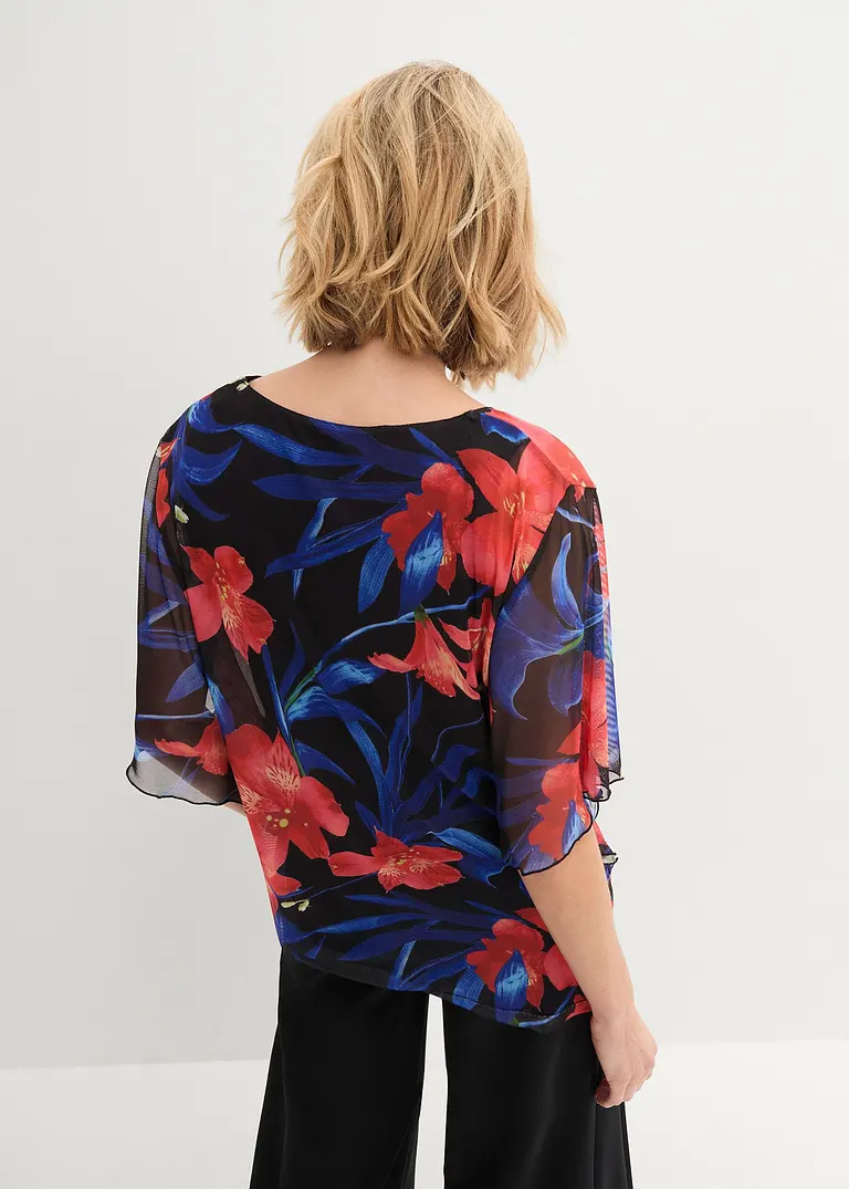 Bonprix Shirt-Tunika Aus Mesh Mit Frischem Blumen-Print - Schwarz - Damen