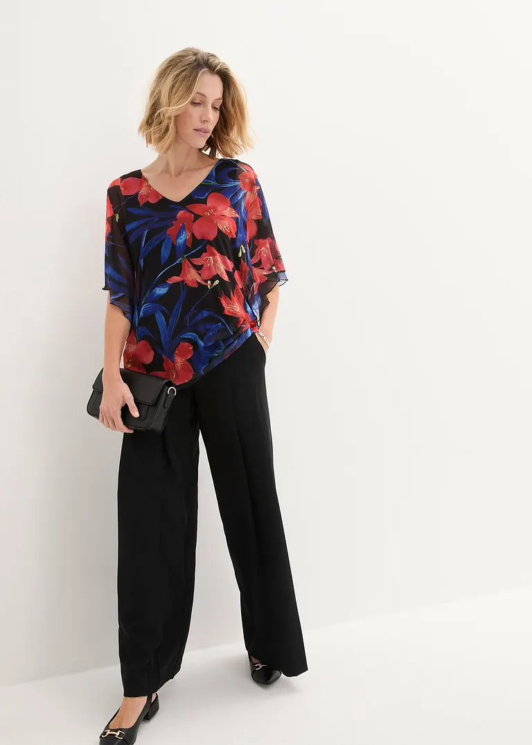 Bonprix Shirt-Tunika Aus Mesh Mit Frischem Blumen-Print - Schwarz - Damen