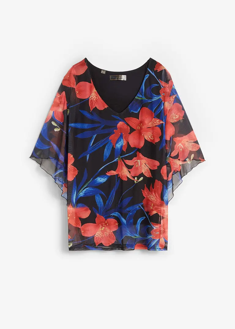 bonprix Shirt-Tunika aus Mesh mit frischem Blumen-Print - schwarz - Damen