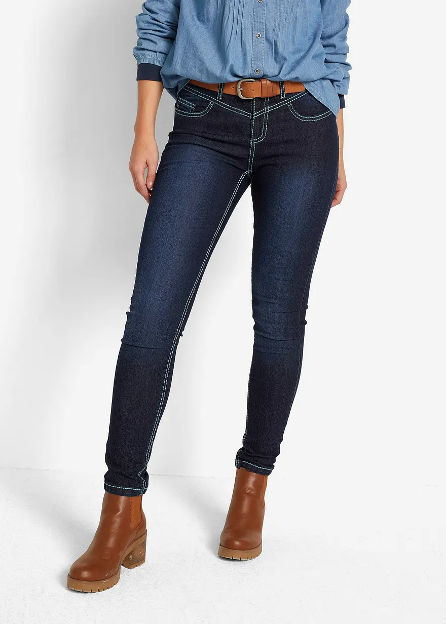 Bonprix Slim Jeans Mid Waist Kontrastnähte - Blau Regular