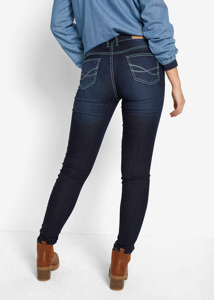 Bonprix Slim Jeans Mid Waist Kontrastnähte - Blau Regular