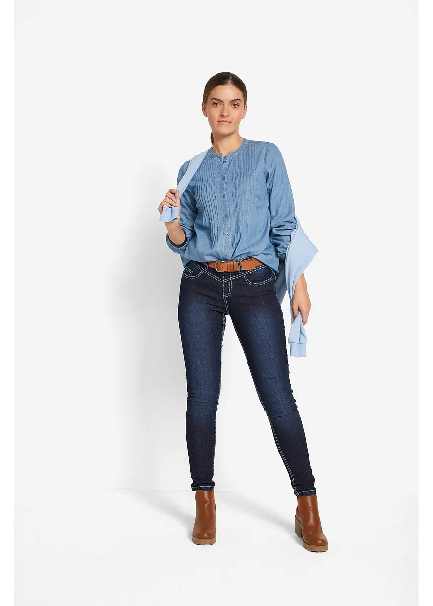Bonprix Slim Jeans Mid Waist Kontrastnähte - Blau Regular