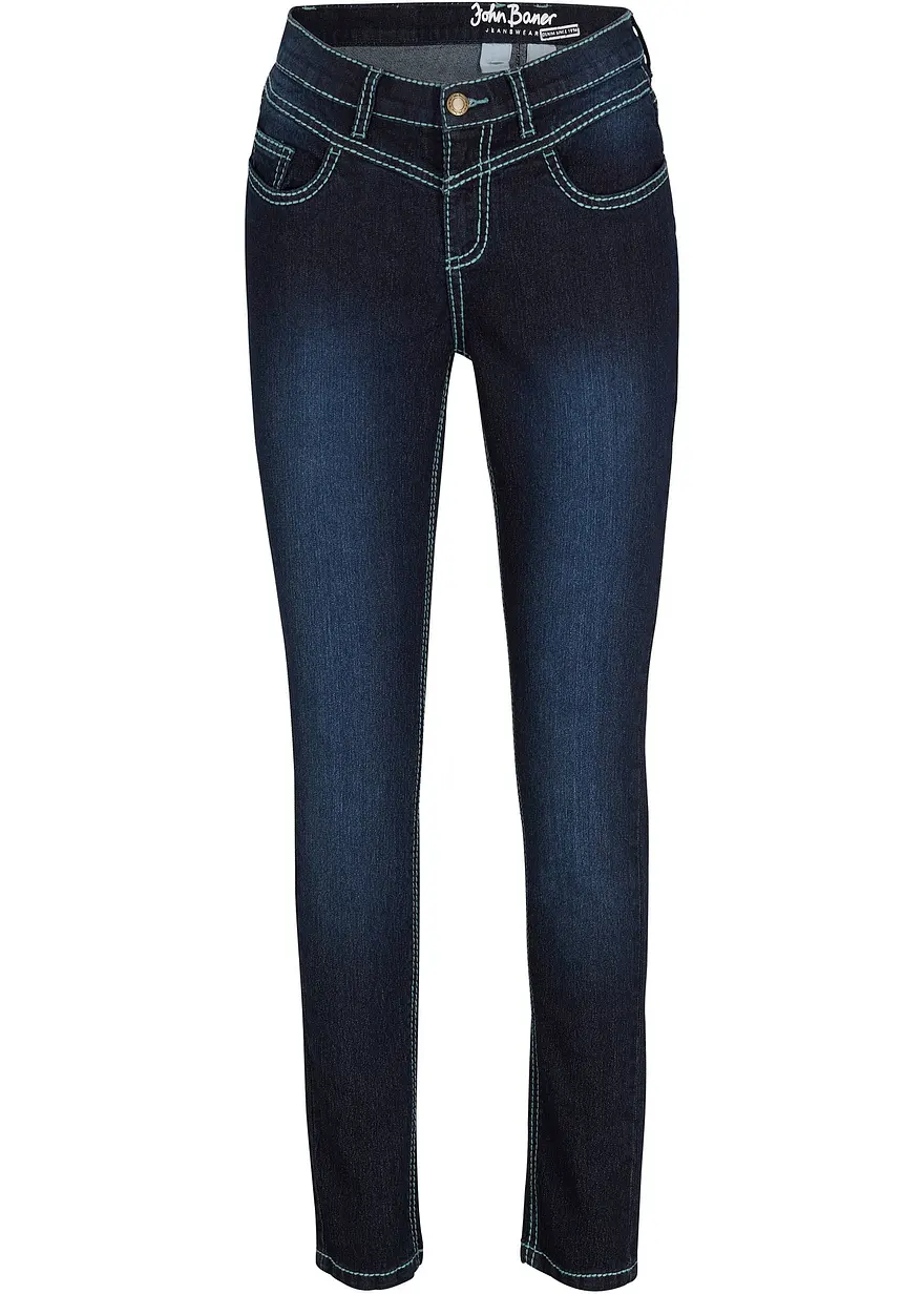 bonprix Slim Jeans Mid Waist Kontrastnähte - blau regular