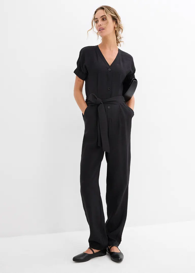 Bonprix Softer Overall Mit Knopfleiste Und Gürtel - Schwarz