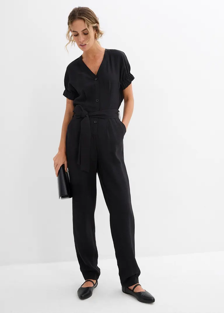Bonprix Softer Overall Mit Knopfleiste Und Gürtel - Schwarz