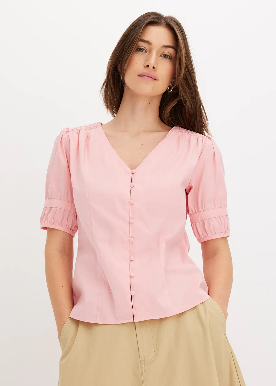 Bonprix Sommerliche Bluse Mit Knopfleiste Und Smoke-Details An Der Schulter
