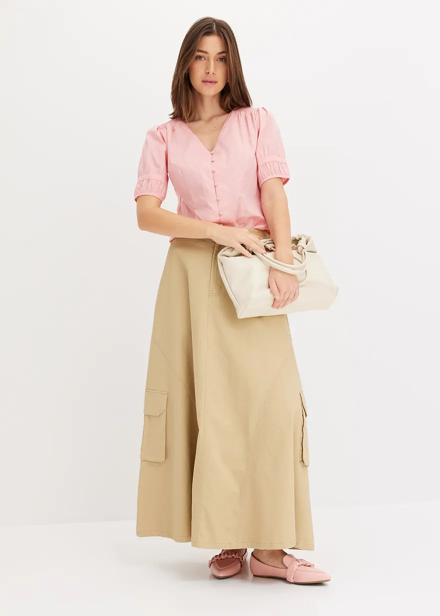 Bonprix Sommerliche Bluse Mit Knopfleiste Und Smoke-Details An Der Schulter