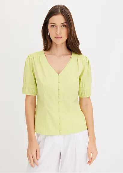 Bonprix Sommerliche Bluse Mit Knopfleiste Und Smoke-Details An Der Schulter