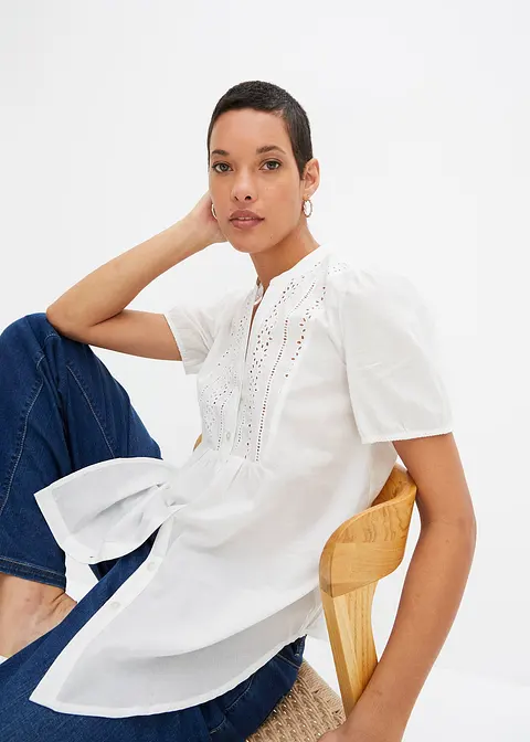 Bonprix Sommerliche Bluse Mit Lochstickerei Im Oberen Bereich - Weiß