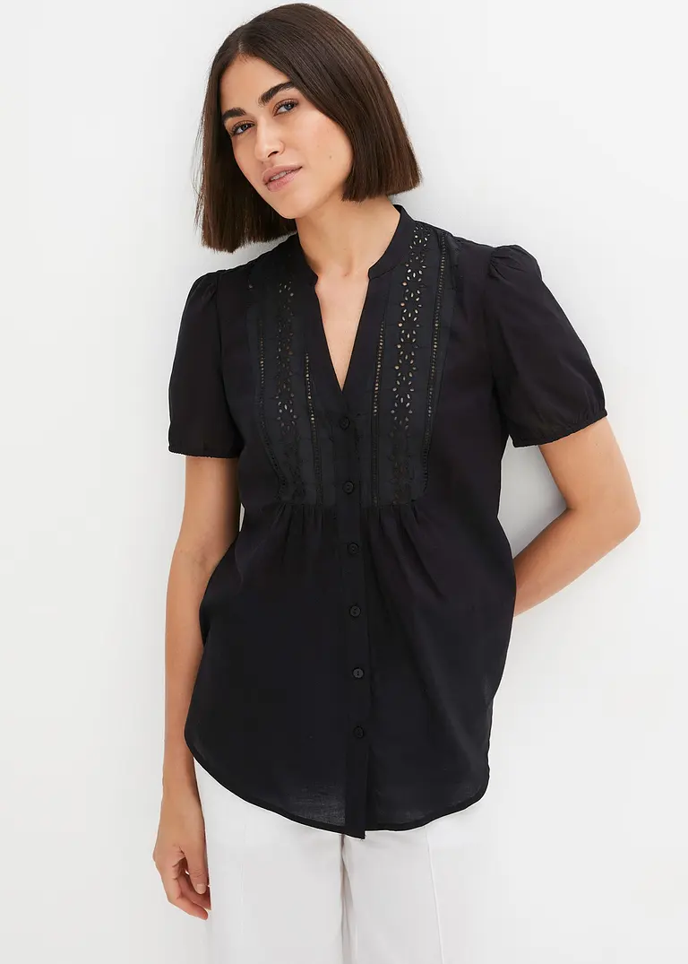 Bonprix Sommerliche Bluse Mit Lochstickerei Im Oberen Bereich - Schwarz