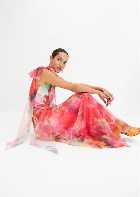 Bonprix Sommerliches Abendkleid Mit Plissiertem Tüllrock Und Schleifendetail An Der Schulter - Mit Seinem Alloverdruck Macht Es Jedes Teil Zu Einem Unikat