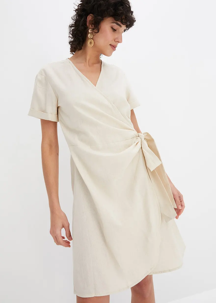 Bonprix Sommerliches Leinen-Kleid Mit Bindeband An Der Seite - Beige