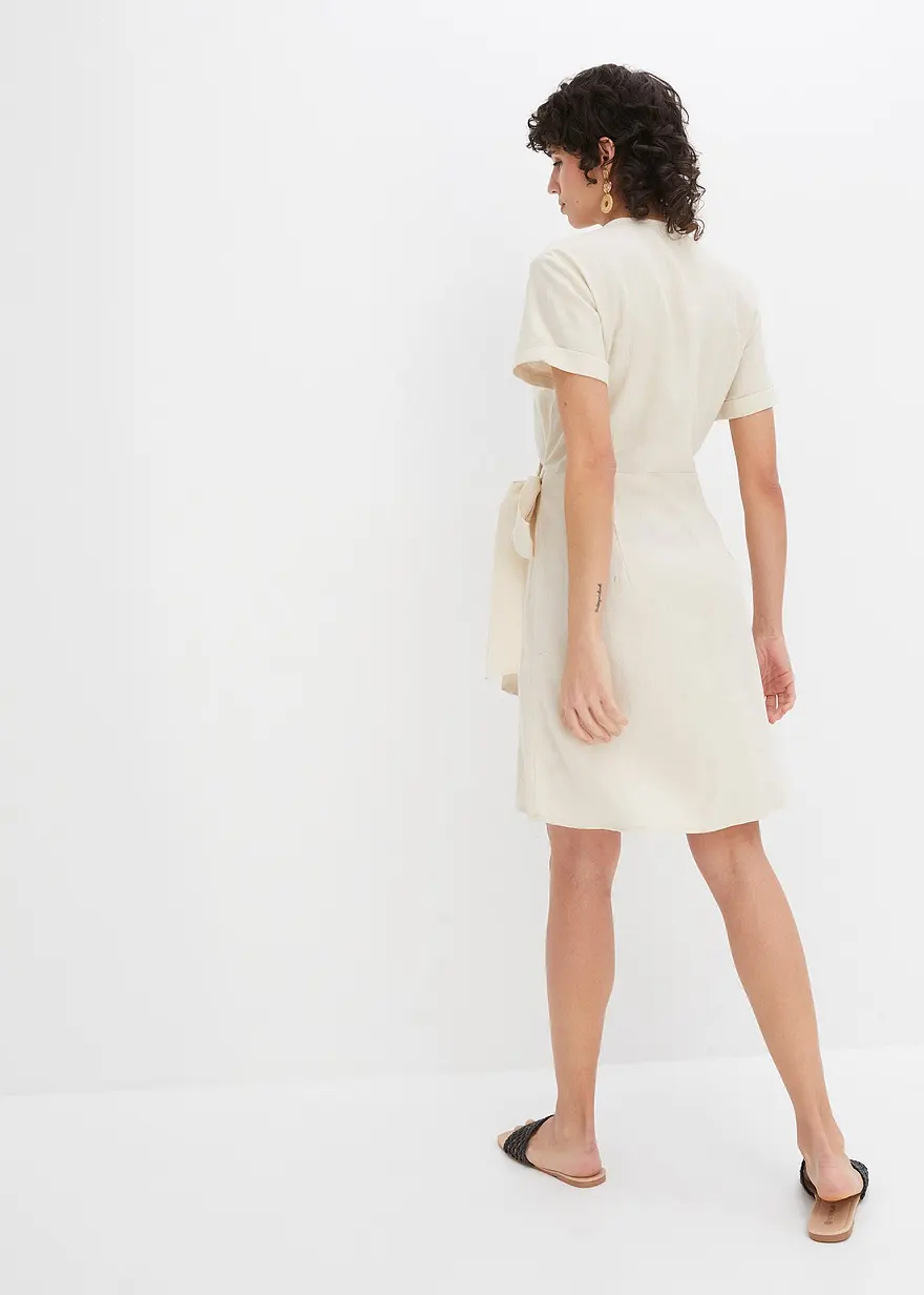 Bonprix Sommerliches Leinen-Kleid Mit Bindeband An Der Seite - Beige