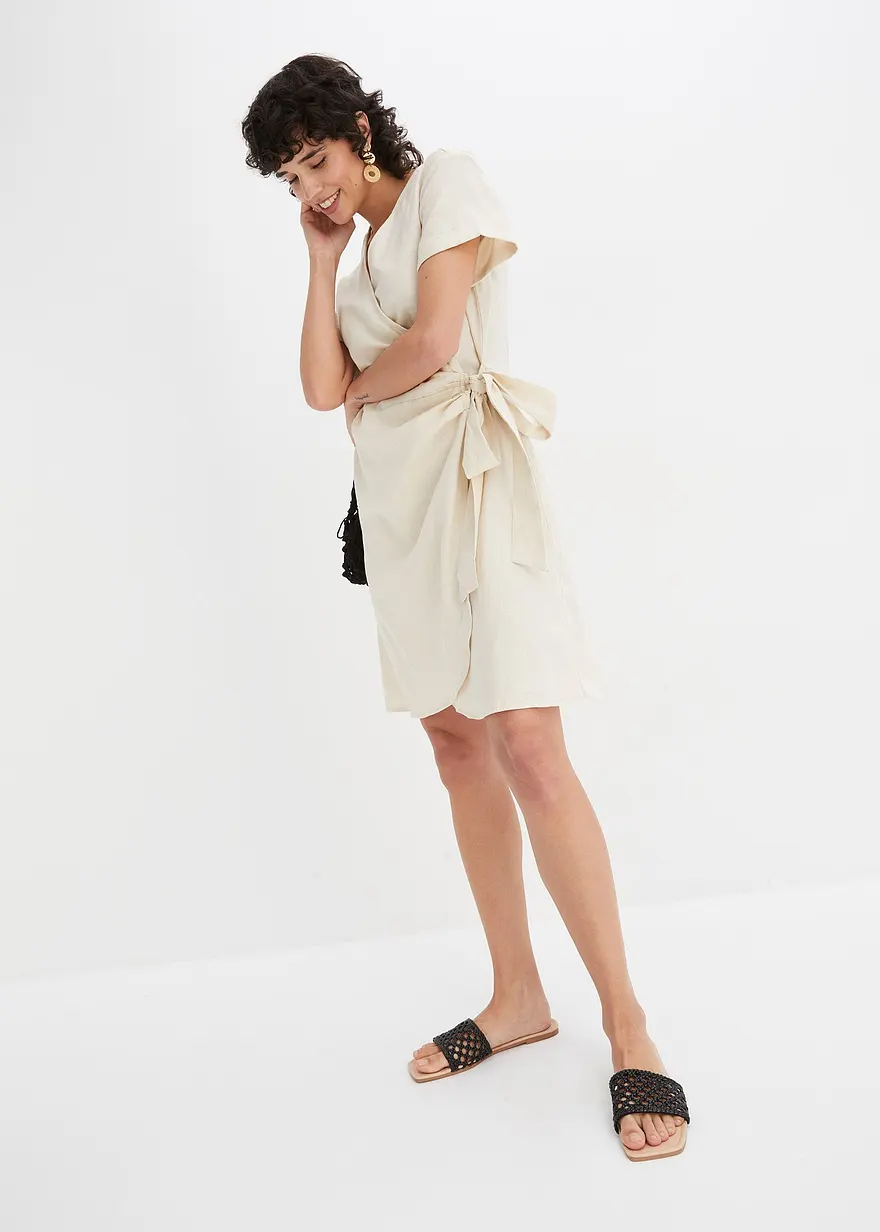 Bonprix Sommerliches Leinen-Kleid Mit Bindeband An Der Seite - Beige