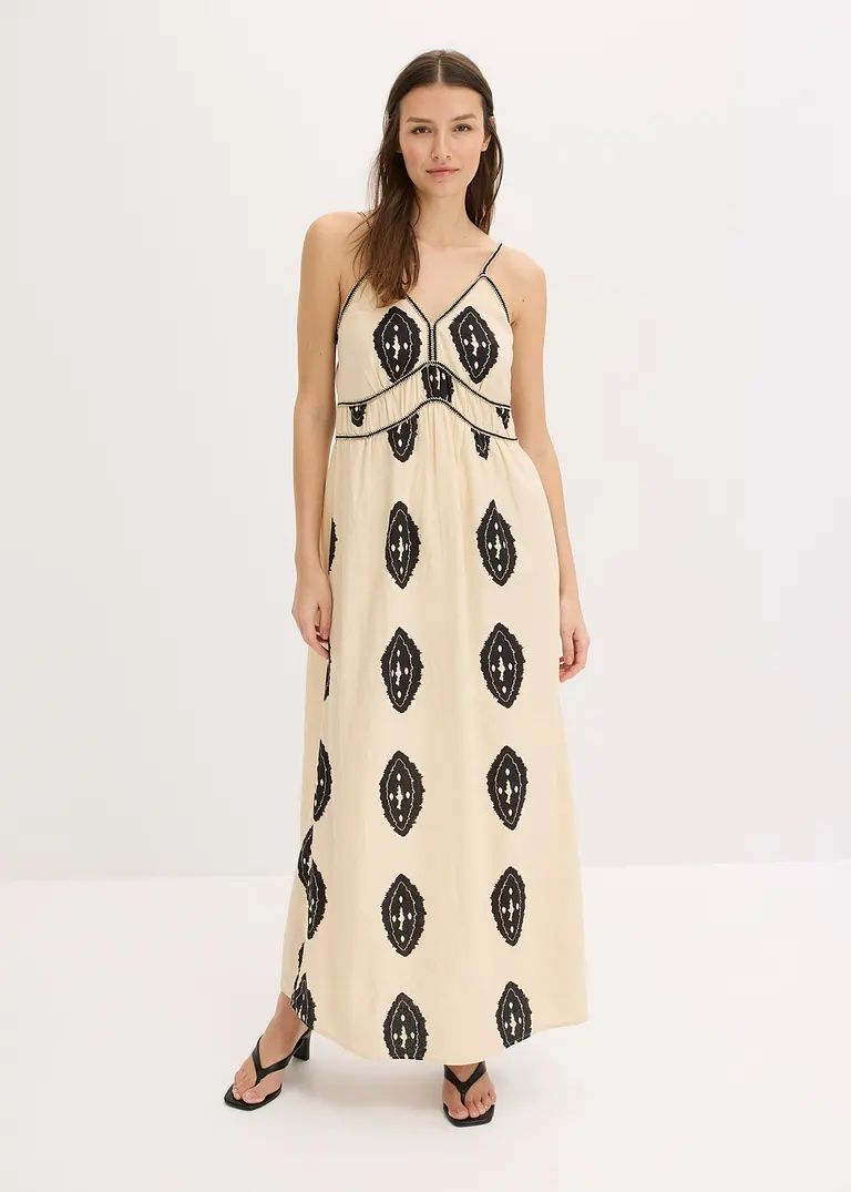 Bonprix Sommerliches Leinen-Maxikleid Mit Modischem Print - Beige - Damen