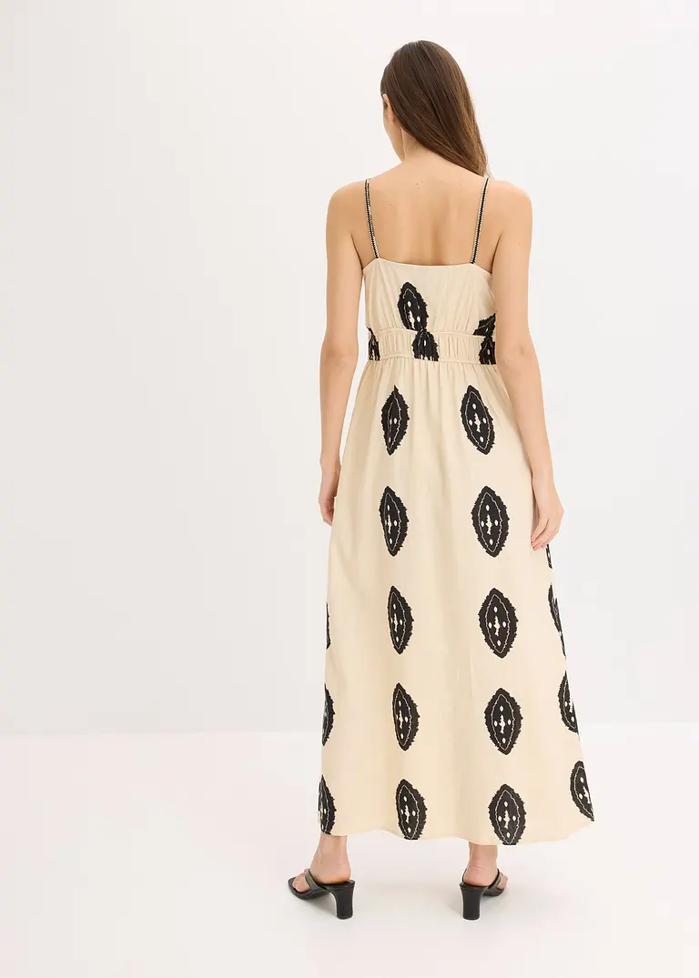 Bonprix Sommerliches Leinen-Maxikleid Mit Modischem Print - Beige - Damen