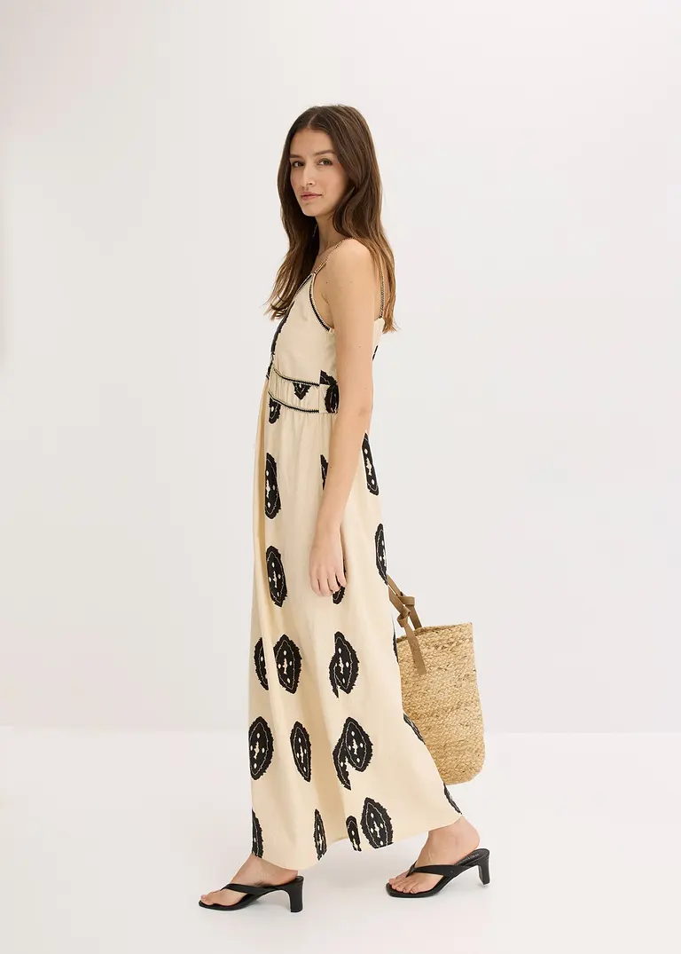 Bonprix Sommerliches Leinen-Maxikleid Mit Modischem Print - Beige - Damen