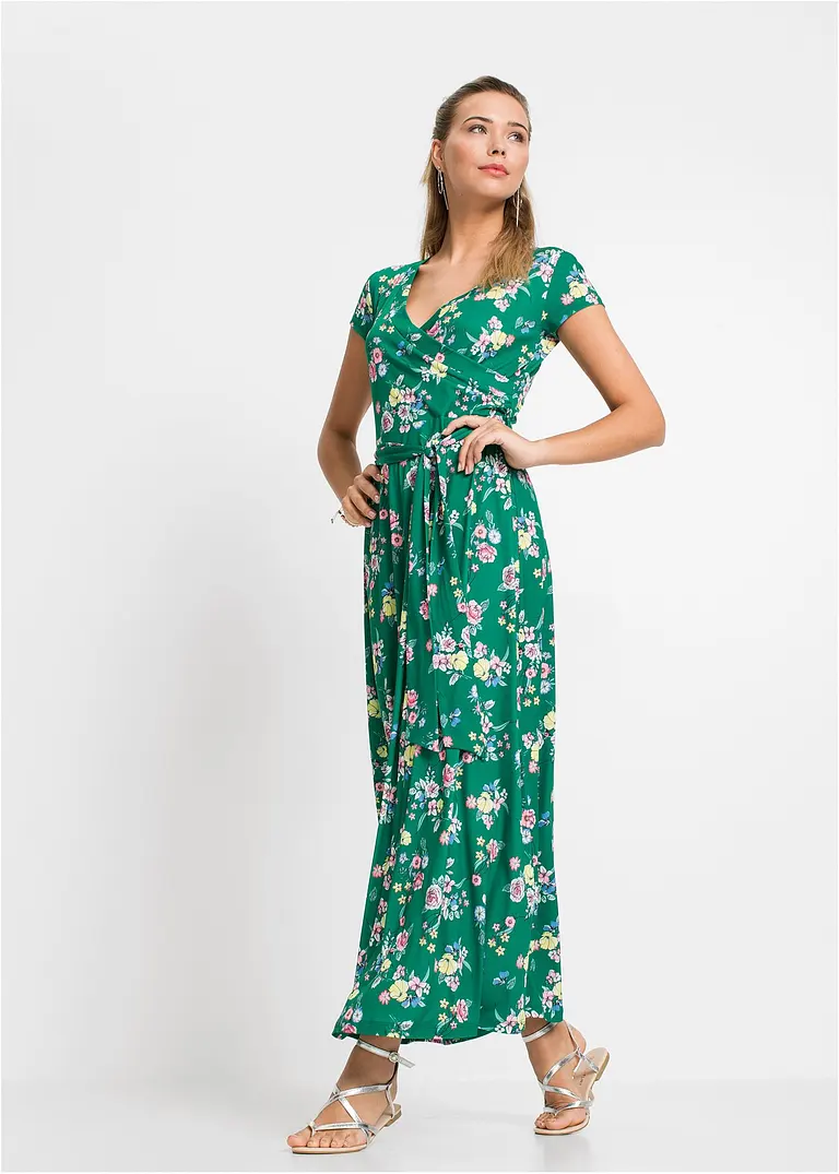 Bonprix Sommerliches Maxi-Shirtkleid In Wickeloptik - Grün Petite