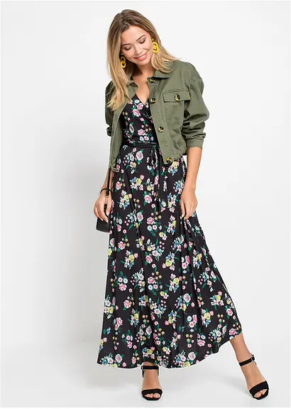 Bonprix Sommerliches Maxi-Shirtkleid In Wickeloptik - Schwarz Petite