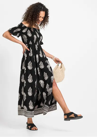 Bonprix Sommerliches Maxikleid Mit Schlitz - Schwarz - Damen