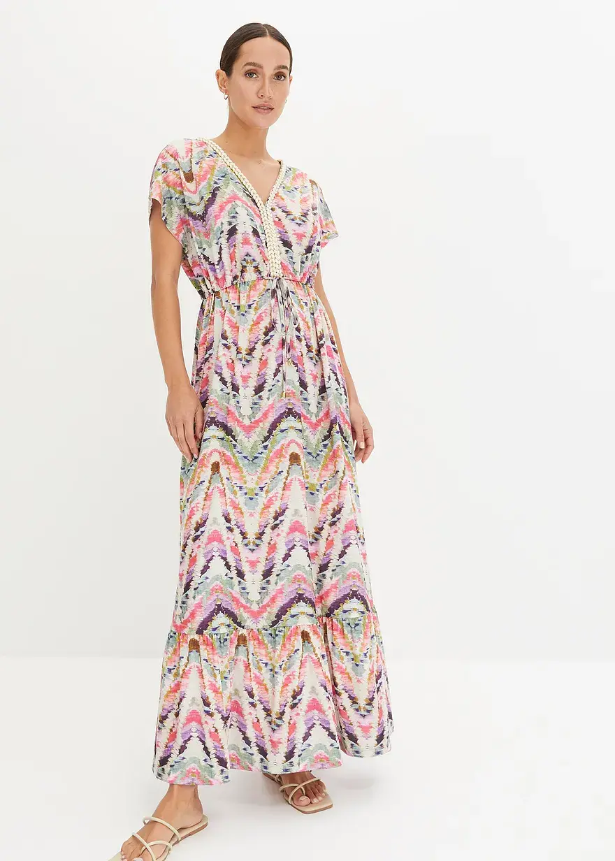 Bonprix Sommerliches Maxikleid Mit V-Ausschnitt Vorne - Beige