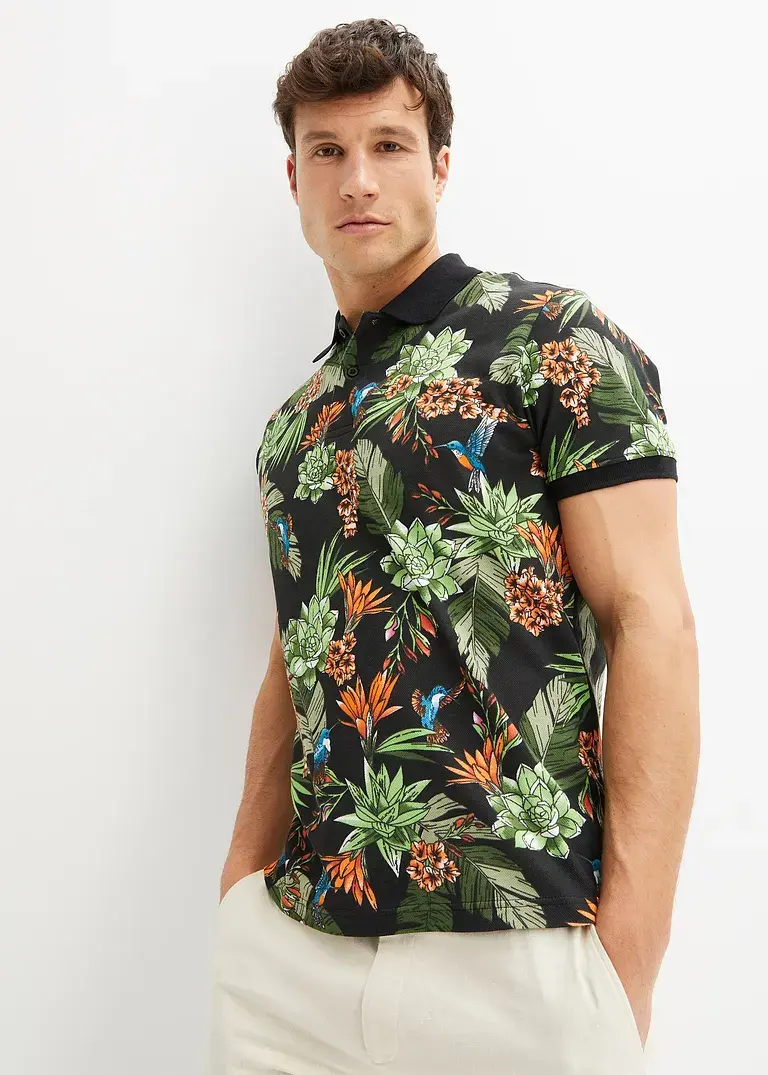 Bonprix Sommerliches Piqué-Poloshirt Mit Blumenmuster - Schwarz