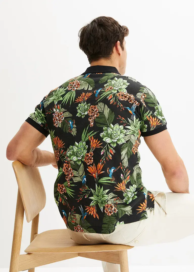 Bonprix Sommerliches Piqué-Poloshirt Mit Blumenmuster - Schwarz