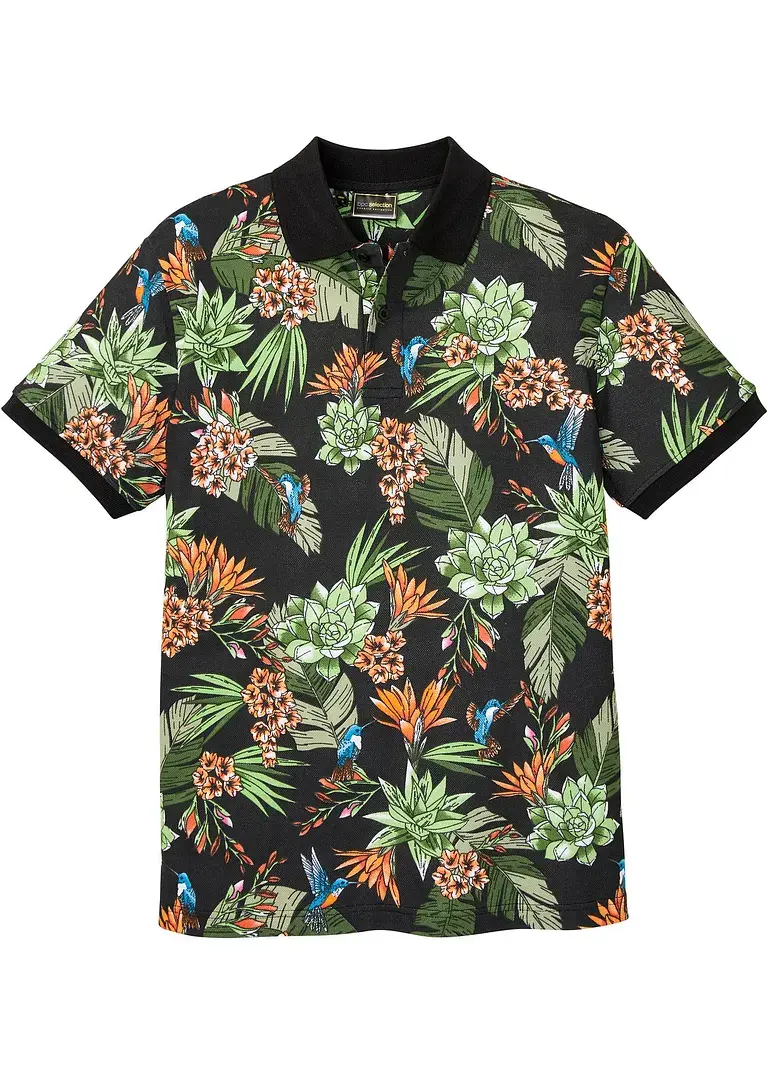 bonprix Sommerliches Piqué-Poloshirt mit Blumenmuster - schwarz