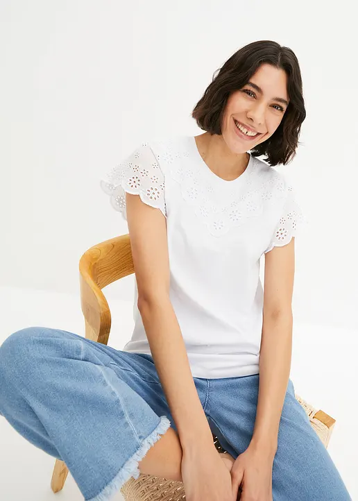 Bonprix Sommerliches Shirt Mit Lochstickerei - Weiß - Damen