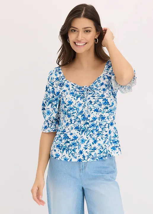 Bonprix Sommershirt Mit Floralem Print Und Puffärmeln - Weiß